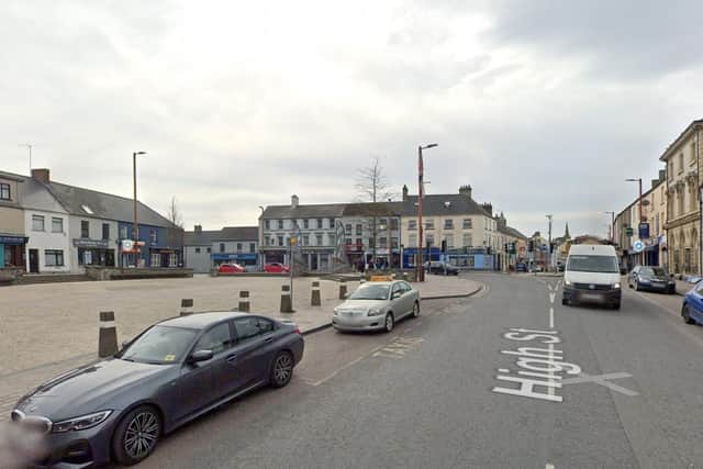 The initial collision involving the pensioner and HGV lorry happened at the Square Area in Ballynahinch. Pictured is a general view of that area of the town.Photo: Google Maps.