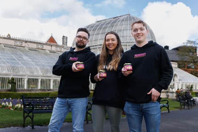 Belfast overnight oats provider, Benergy Breakfast, has announced plans to partner with 77 gyms across Northern Ireland. Pictured celebrating are Benergy founders, Marek Bak, Jessica Thompson and Ben Cochrane