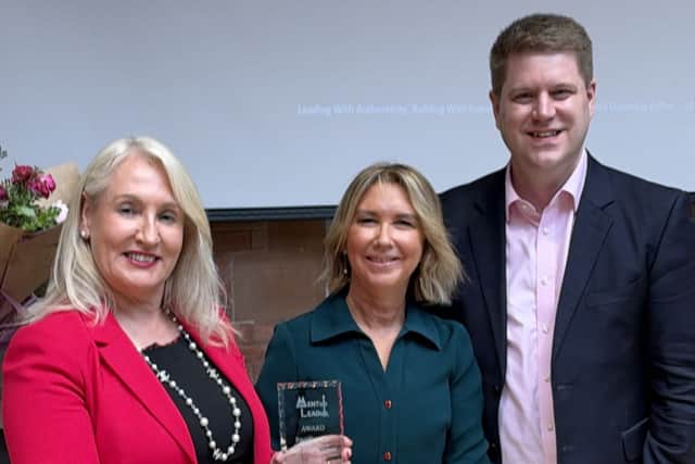 Caroline Keenan, head of tax at Sumer NI won the MENTupLEADup Excellence in Business Support accolade. She is pictured alongside Michelle Lestas, executive chair at MENTupLEADup and Peter Cardwell, Times Radio London