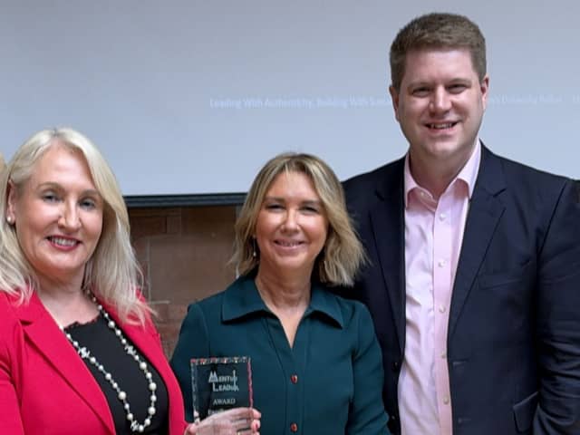 Caroline Keenan, head of tax at Sumer NI won the MENTupLEADup Excellence in Business Support accolade. She is pictured alongside Michelle Lestas, executive chair at MENTupLEADup and Peter Cardwell, Times Radio London