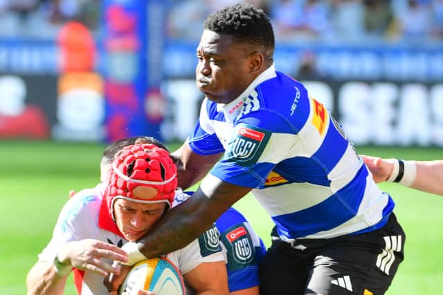 Ulster's Michael Lowry tackled against Stormers during the United Rugby Championship match on Saturday in Cape Town. (Photo by Grant Pitcher/Gallo Images/Getty Images)
