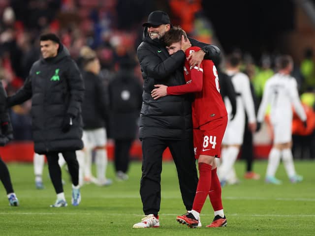Northern Ireland-born Conor Bradley with Liverpool manager Jurgen Klopp. (Photo by Catherine Ivill/Getty Images)