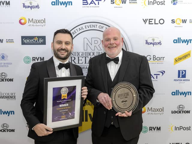 Tom Greene (right) from Centra Lake Road is pictured with Eddie Devine, Head of Symbol & Independents BAT UK from category sponsor, Velo.