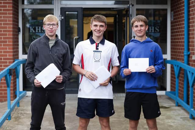 County Down pupils Nathan, Jack and JJ after receiving their GCSE results at Kilkeel High School.