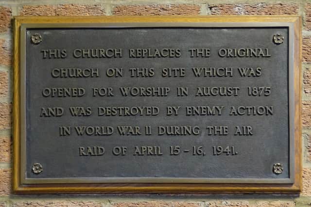 Air raids tablet in foyer of rebuilt church