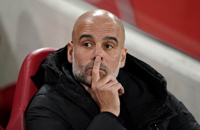 Manchester City manager Pep Guardiola before the Premier League match against Brentford at the Gtech Community Stadium, London. (Photo by Adam Davy/PA Wire)