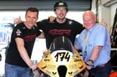 Briggs Equipment North West 200 Race Director, Mervyn Whyte, with ESR boss Laurent Hoffmann and Belgian road racer Fedrik Matthys. (Photo by Stephen Davison/Pacemaker Press)
