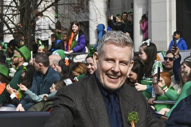 Patrick Kielty,  this year's Grand Marshal, takes part in the St Patrick's Day Parade in Dublin