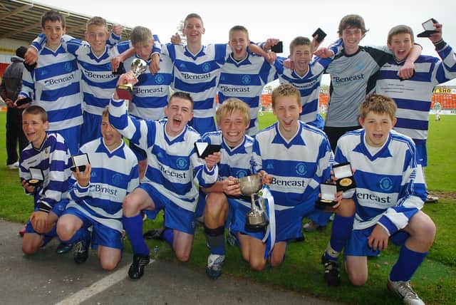 Action from the Youth Football League Hogan Cup finals, at Bloomfield Road, 2007. Blackpool Rangers celebrate their win against South Shore