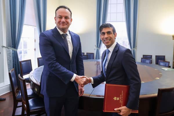 Taoiseach Leo Varadkar with Prime Minister Rishi Sunak at Parliament Buildings in Belfast on Monday. While the two leaders did meet privately, they held separate engagements with Stormont’s political leaders