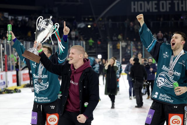 Former Belfast Giants defenceman Kevin Raine celebrates after defeating the Fife Flyers to win the Challenge Cup Final at the SSE Arena, Belfast.  Photo by William Cherry/Presseye