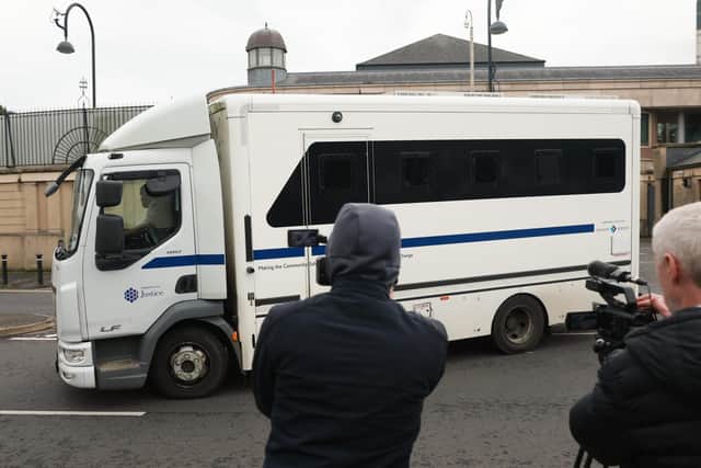 A prison van carrying Jeffrey Donaldson leaves Newry Crown Court after the former DUP leader was sentenced to 15 years in jail for 18 historic sex offences. Photo: Liam McBurney/PA