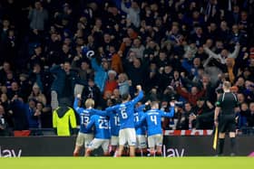 Rangers players and fans celebrate on Sunday at Hampden Park during the Viaplay Cup final. (Photo by Steve Welsh/PA Wire)