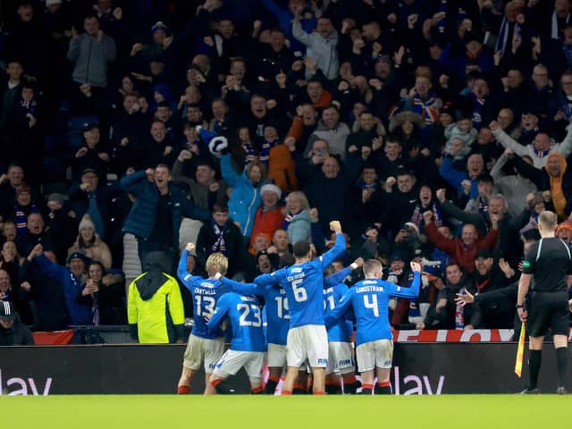 Rangers players and fans celebrate on Sunday at Hampden Park during the Viaplay Cup final. (Photo by Steve Welsh/PA Wire)