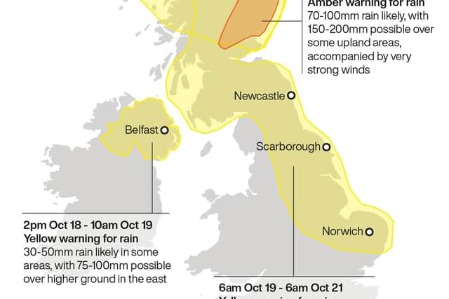 The Met Office has issued warnings across Northern Ireland, Scotland and England for Storm Babet. Infographic PA Graphics.