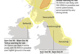 The Met Office has issued warnings across Northern Ireland, Scotland and England for Storm Babet. Infographic PA Graphics.
