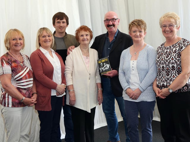 PACEMAKER, BELFAST, 9/5/2016: Liam Beckett is joined at the launch of his book 'Full Throttle' at the North West 200 in 2016 by Kyle White, May Dunlop and her daughters Helen, Virginia, May, Margaret and Linda.
PICTURE BY STEPHEN DAVISON:-
