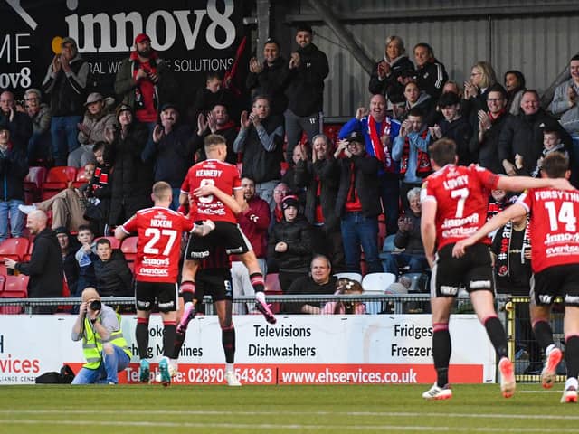 Crusaders celebrate after Ben Kennedy scored their third goal of the evening. PIC: Andrew McCarroll/Pacemaker Press