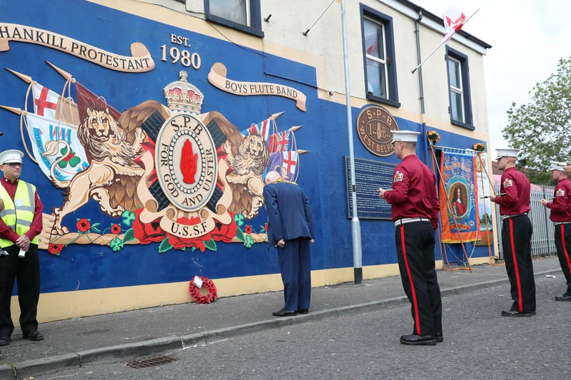 PACEMAKER, BELFAST, 13/7/2020: A poppy wreath is laid at the Shankill Protestant Boys Flute Band's war memorial