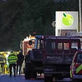 Emergency services continue their work at the scene of an explosion at Applegreen service station in the village of Creeslough in Co Donegal, where at least three people have died. Picture date: Saturday October 8, 2022.