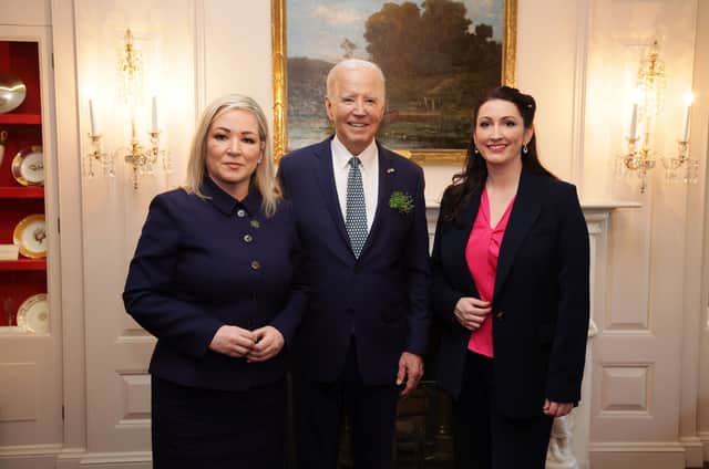 First Minister Michelle O’Neill and deputy First Minister Emma Little-Pengelly meet with President Joe Biden in the  China Room of the White House, Washington DC. The ministers travelled to the United States during the St Patrick's Day celebrations in Washington. Photo by Kelvin Boyes / Press Eye
