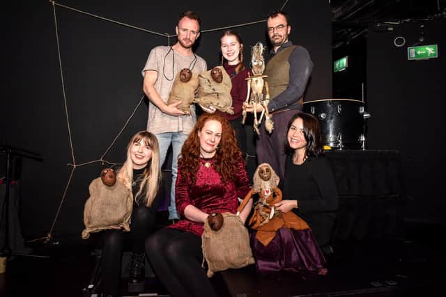 Performance artist Alice McCullough (centre bottom row) with the rest of the perfromers from Song of the Bones which is being staged at the Lyric Theatre on October 7 and 8 as part of the Bounce Arts Festival. To book tickets visit lyrictheatre.co.uk.