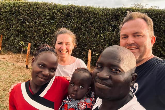 Nicola Crymble and husband Andrew with friends in Kenya where she has served for years