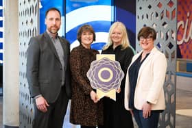 Allstate NI is the first company in UK and Ireland to earn Gold Diversity Mark. Pictured is Dr. Stephen McKeown, vice president and managing director of Allstate NI, Lesley Miller, senior manager at Allstate NI, Nuala Murphy, director at Diversity Mark and Susan Walker, IDE manager at Allstate NI