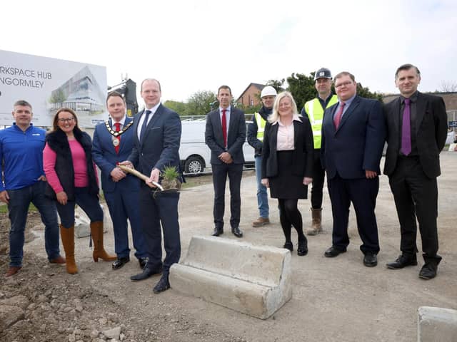 Mayor of Antrim and Newtownabbey, councillor Mark Cooper was joined by Minister for Communities, Gordon Lyons MLA, representatives from the Department for Levelling Up and elected members for the official sod cutting of new Glengormley Workspace Hub