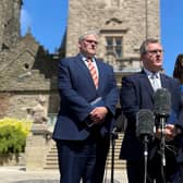 DUP leader Sir Jeffrey Donaldson with colleague Gavin Robinson MP and Emma Little Pengelly MLA outside Stormont Castle earlier this year. Sir Jeffrey says . Pic: David Young/PA Wire