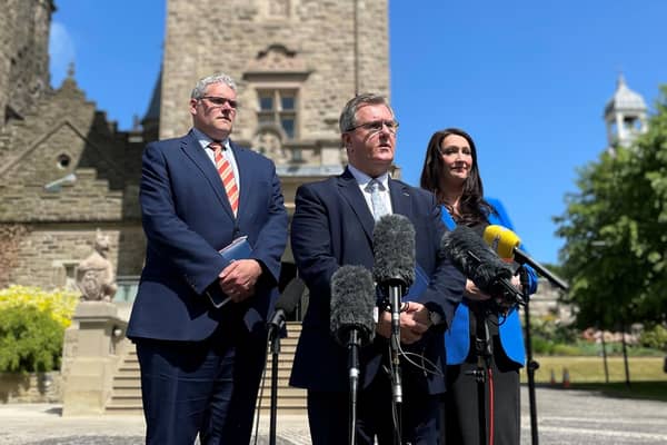 DUP leader Sir Jeffrey Donaldson with colleague Gavin Robinson MP and Emma Little Pengelly MLA outside Stormont Castle earlier this year. Sir Jeffrey says . Pic: David Young/PA Wire