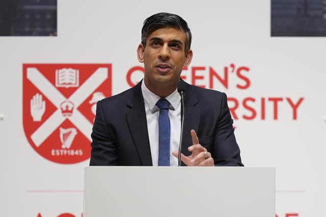 Prime Minister Rishi Sunak speaking during the international conference to mark the 25th anniversary of the Belfast/Good Friday Agreement, at Queen's University Belfast. Picture date: Wednesday April 19, 2023.