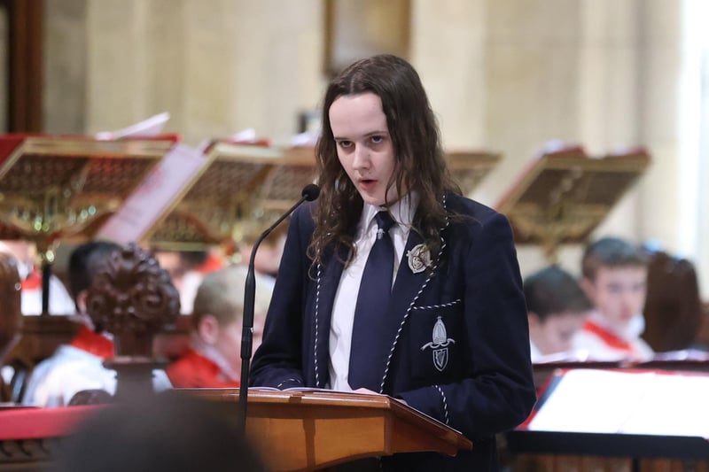 Sarah Johnston, Head Girl of The Royal School, Armagh,  during a Service of Thanksgiving in preparation for the Coronation of King Charles III at St Patrick's Cathedral, Armagh.