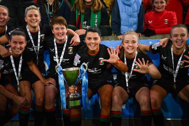Glentoran Women celebrations following victory over Cliftonville Ladies in the Electric Ireland IFA Women’s Challenge Cup final at Windsor Park. (Photo by Andrew McCarroll/Pacemaker Press)