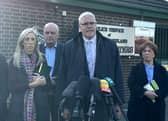 DUP leader Gavin Robinson MP (centre right) speaks to media at Police Service of Northern Ireland headquarters in east Belfast after meeting Chief Constable Jon Boutcher on Wednesday