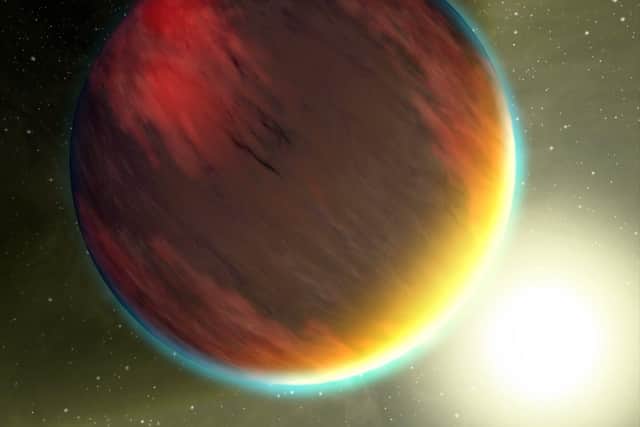 Artist's impression of a cloudy, Jupiter-like exoplanet, orbiting close to a fiery, hot star.