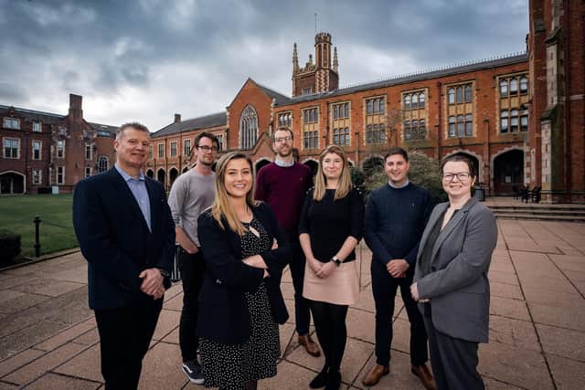 Pictured at Queen’s University Belfast are some of the GenoME Diagnostics and investment team: Prof Paul Mullan (co-founder and CSO), Chris Mosedale (CBO), Dr Shannon Beattie (CEO), Stuart Gaffikin (Clarendon Fund Managers), Dr Laura Feeney (co-founder), Dr Mark Street-Docherty (executive chair) and Anne Dornan (QUBIS)