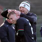 Glentoran's Charlie Lindsay is greeted by his manager Warren Feeney after being subbed during Saturday's game at The Oval, Belfast. PIC: David Maginnis/Pacemaker Press