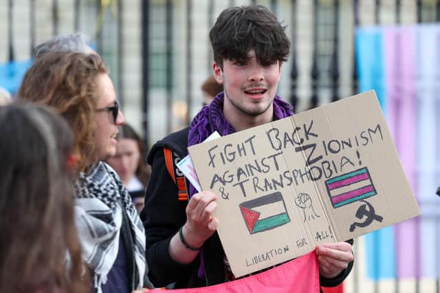 Protesters assemble at Belfast City Hall after a temporary ban on the sale or supply of puberty blockers has been introduced in Northern Ireland.Picture: Presseye.com