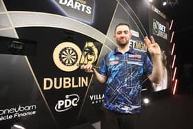 Luke Humphries after winning night eight of the 2024 BetMGM Premier League at the 3Arena, Dublin. PIC: PDC/PA Wire.