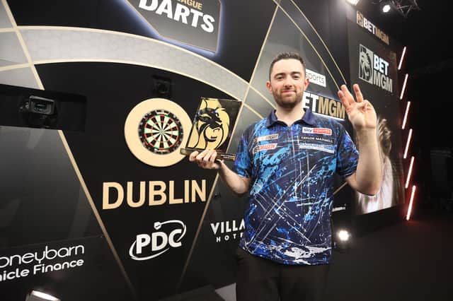 Luke Humphries after winning night eight of the 2024 BetMGM Premier League at the 3Arena, Dublin. PIC: PDC/PA Wire.