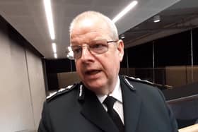 PSNI Chief Constable Simon Byrne gives his reaction to the speech from US President Joe Biden in Belfast, on 12 April 2023.