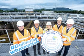 NI Water has successfully achieved a key milestone with the appointment of the delivery team for the significant upgrade of Belfast Wastewater Treatment Works (WwTW), as part of the Living With Water in Belfast Plan. Pictured are Adrian Petticrew Kier-Bam, Narinder Sunner Stantec, Sara Venning CEO NI Water, Stephen Harding McAdam Design, and Tom Standring MWH Treatmen