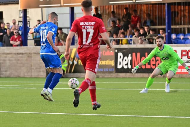 Michael O'Connor scores in Dungannon Swifts' Premiership play-off victory over Annagh United