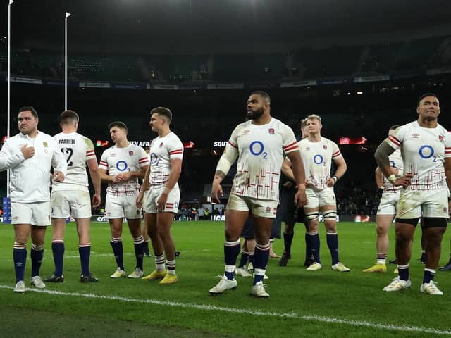 ngland look dejected after their defeat against South Africa in the Autumn International match at Twickenham in London on Saturday. (Photo by David Rogers/Getty Images)