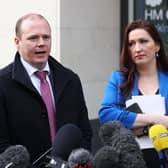 Gordon Lyons (left) and Emma Little-Pengelly from the DUP speak to the media outside the Northern Ireland Office at Erskine House, Belfast (Thursday February 9, 2023)