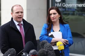Gordon Lyons (left) and Emma Little-Pengelly from the DUP speak to the media outside the Northern Ireland Office at Erskine House, Belfast (Thursday February 9, 2023)