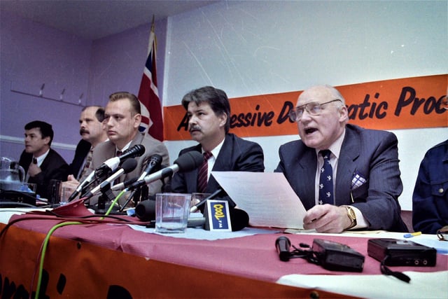 PACEMAKER PRESS 13/10/1994 - Former UVF leader Gusty Spence (right), William Smith, UDP spokesman and Gary McMichael, Loyalist councillor, pictured announcing details regarding the Loyalist ceasefire.