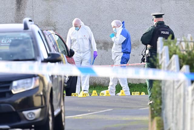 Forensics  at the scene on Friday as murder investigation gets under way after a man died following a shooting in Newry