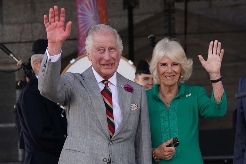 King Charles III and Queen Camilla during a visit to Market Theatre Square, Armagh, Co Armagh, as part of a two day visit to Northern Ireland. Picture date: Thursday May 25, 2023